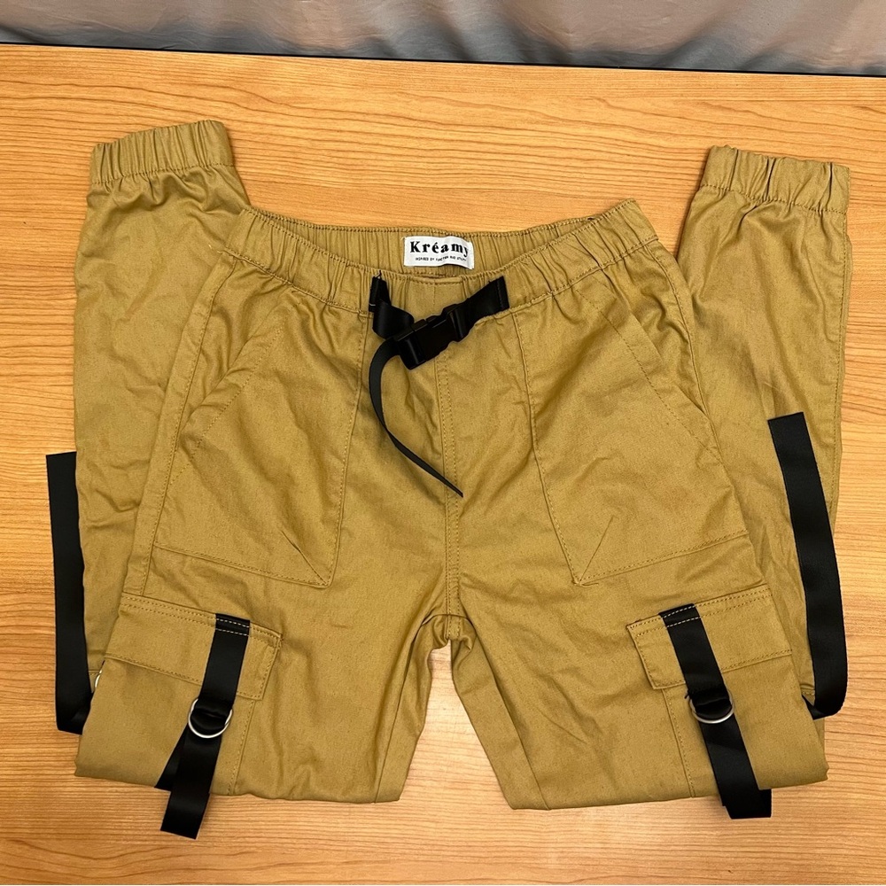 Kreamy Tan Khaki Utility Cargo Joggers Techwear Buckle Belt Mens Medium